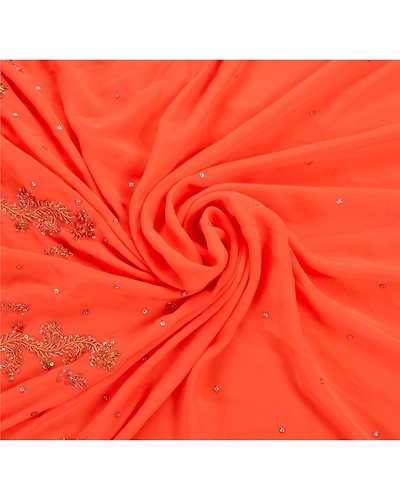Sanskriti Vintage Indian Sarees Georgette Hand Beaded Peach Fabric Cultural Sari, PS-47238-Peach-Hand Beaded With Zari Work &amp; Sequins-Georgette-5