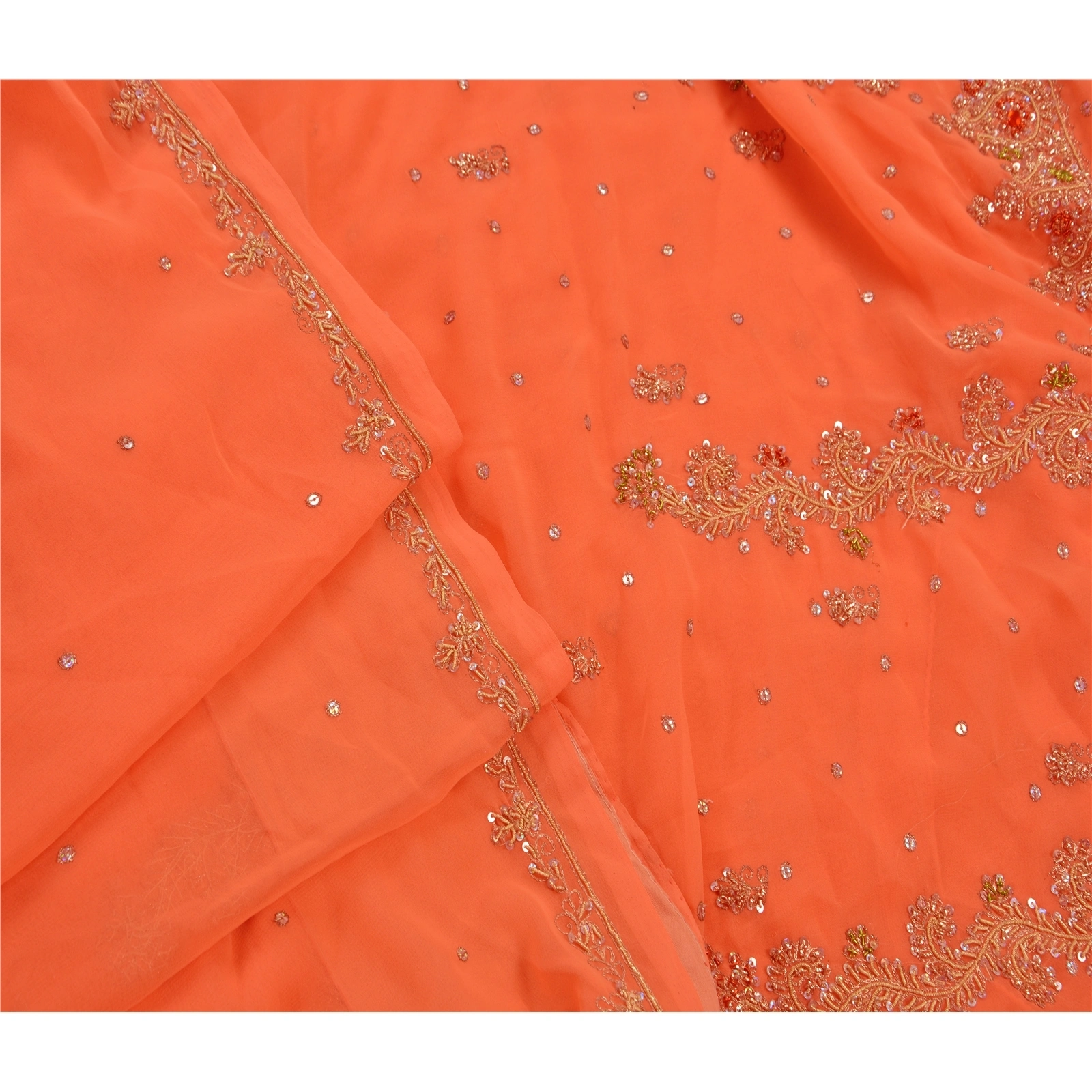 Sanskriti Vintage Indian Sarees Georgette Hand Beaded Peach Fabric Cultural Sari, PS-47238-Peach-Hand Beaded With Zari Work &amp; Sequins-Georgette-6