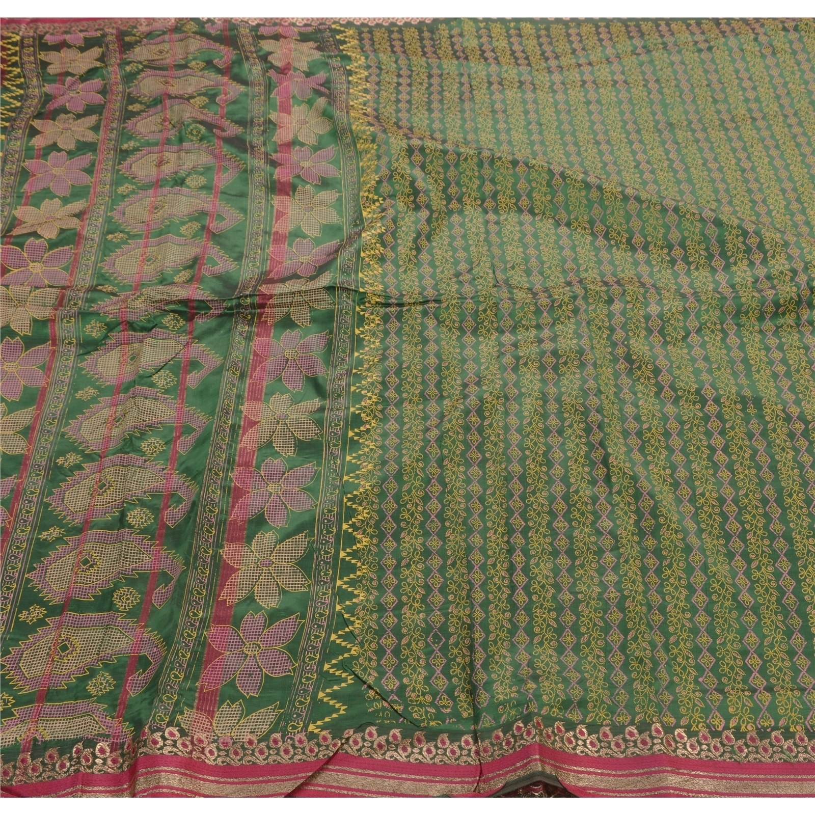 Sanskriti Vintage Indian Sarees Art Silk Painted Green Fabric Premium 5 Yd Sari, PS-47243-Green-Painted Work-Art Silk-1