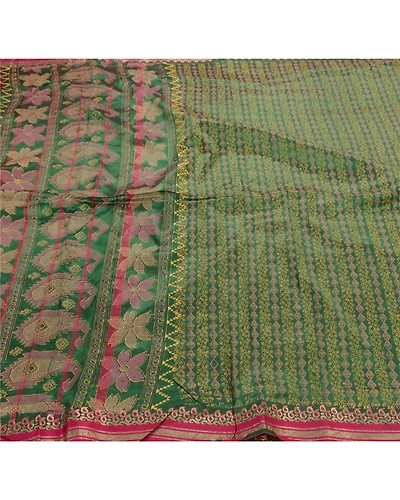 Sanskriti Vintage Indian Sarees Art Silk Painted Green Fabric Premium 5 Yd Sari, PS-47243-Green-Painted Work-Art Silk-1