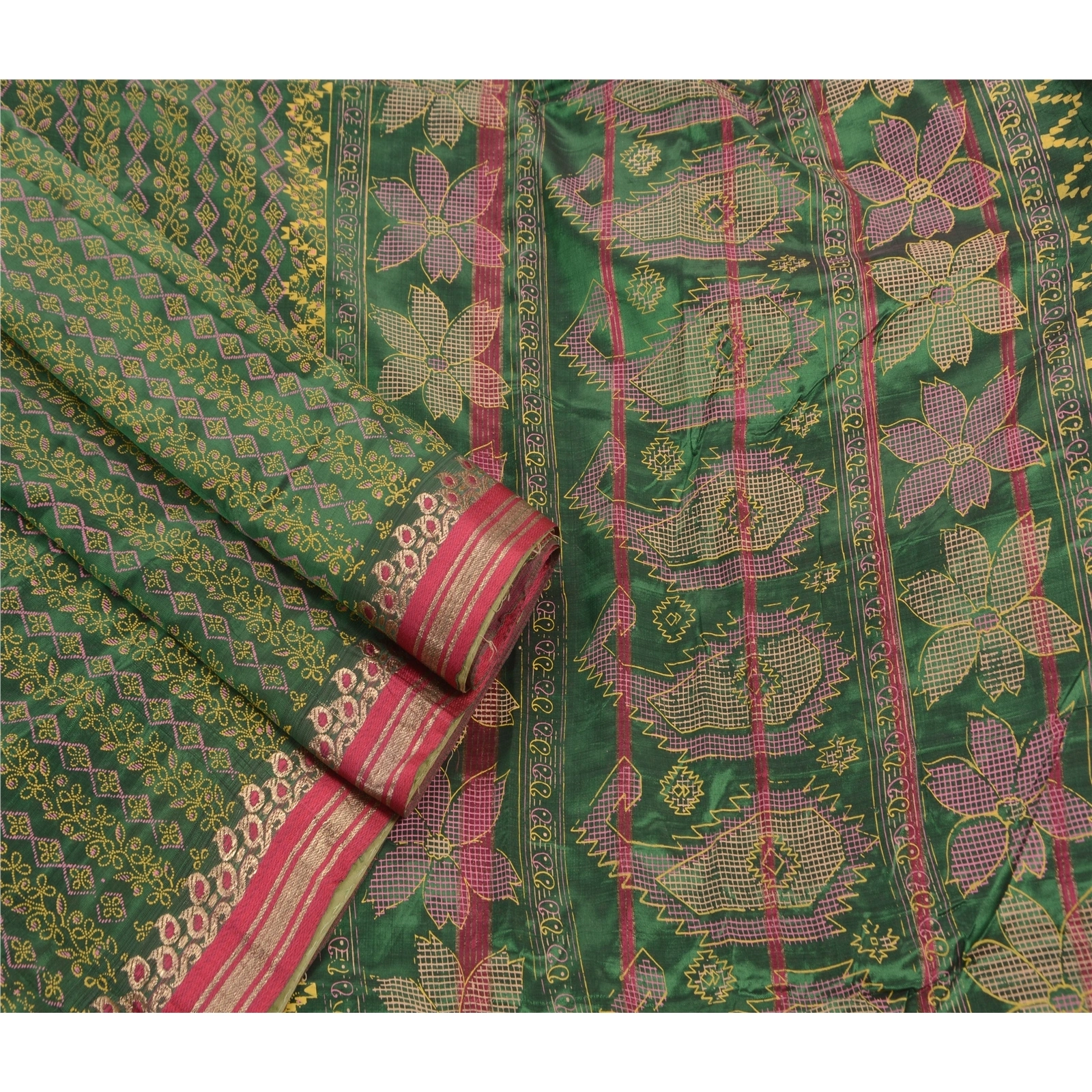 Sanskriti Vintage Indian Sarees Art Silk Painted Green Fabric Premium 5 Yd Sari, PS-47243-Green-Painted Work-Art Silk-2