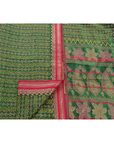 Sanskriti Vintage Indian Sarees Art Silk Painted Green Fabric Premium 5 Yd Sari, PS-47243-Green-Painted Work-Art Silk-3