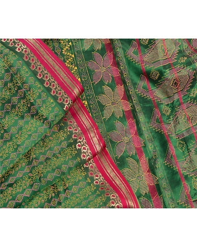 Sanskriti Vintage Indian Sarees Art Silk Painted Green Fabric Premium 5 Yd Sari, PS-47243-Green-Painted Work-Art Silk-6