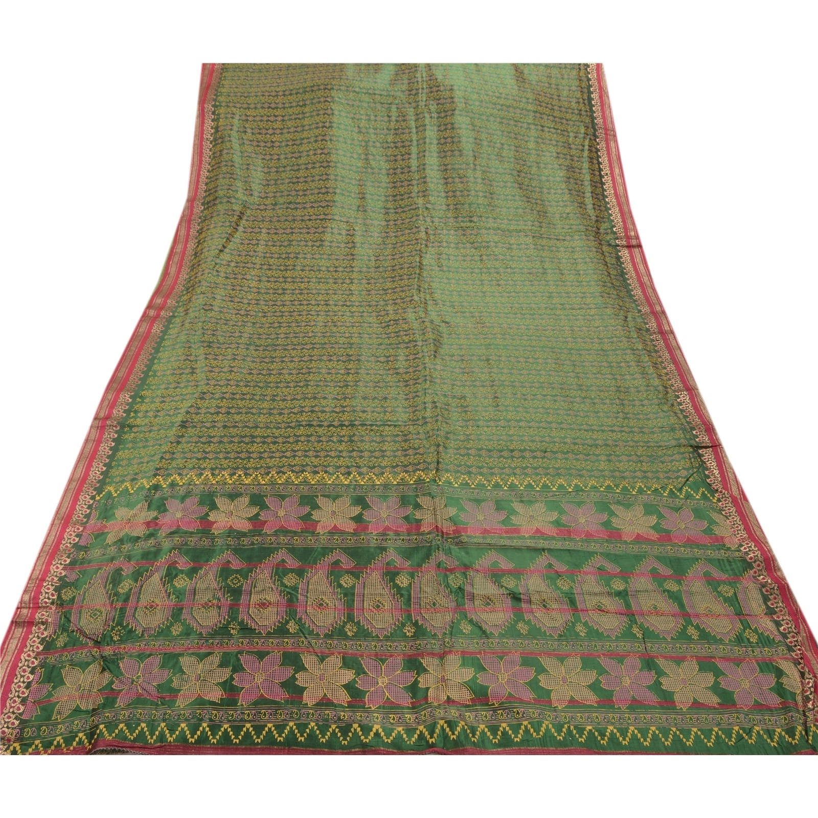 Sanskriti Vintage Indian Sarees Art Silk Painted Green Fabric Premium 5 Yd Sari, PS-47243-Green-Painted Work-Art Silk-7