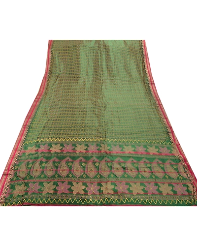 Sanskriti Vintage Indian Sarees Art Silk Painted Green Fabric Premium 5 Yd Sari, PS-47243-Green-Painted Work-Art Silk-7