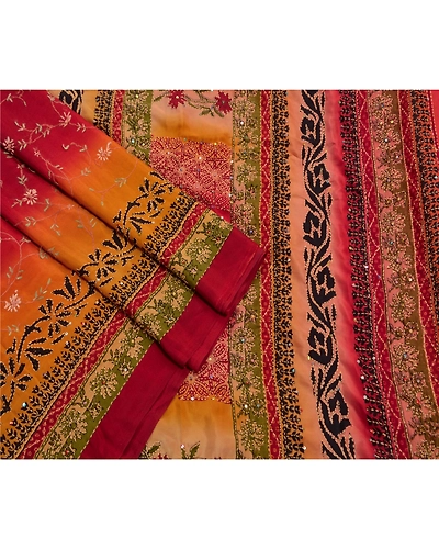 Sanskriti Vintage Sarees Crepe Silk Hand Embroidered Fabric Kantha Premium Sari, PS-47262-Multi Color-Hand Embroidered With Sequins &amp; Thread Work-Crepe Silk-2