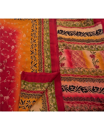 Sanskriti Vintage Sarees Crepe Silk Hand Embroidered Fabric Kantha Premium Sari, PS-47262-Multi Color-Hand Embroidered With Sequins &amp; Thread Work-Crepe Silk-3