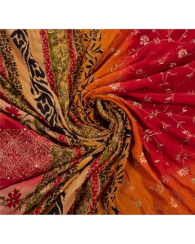 Sanskriti Vintage Sarees Crepe Silk Hand Embroidered Fabric Kantha Premium Sari, PS-47262-Multi Color-Hand Embroidered With Sequins &amp; Thread Work-Crepe Silk-5