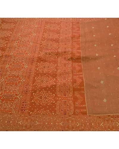 Sanskriti Vintage Sarees Organza Silk Hand Beaded Woven Fabric 5 Yd Premium Sari, PS-47265-Brown-Hand Beaded With Zardozi Work-Organza Silk-1