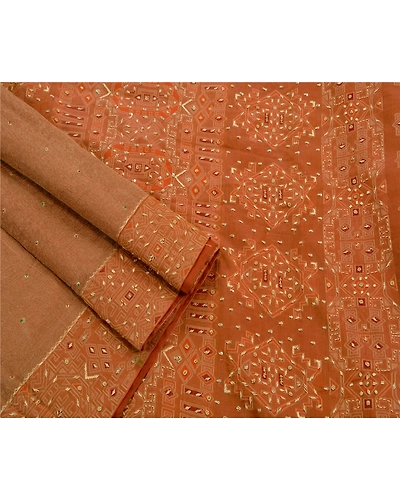 Sanskriti Vintage Sarees Organza Silk Hand Beaded Woven Fabric 5 Yd Premium Sari, PS-47265-Brown-Hand Beaded With Zardozi Work-Organza Silk-2