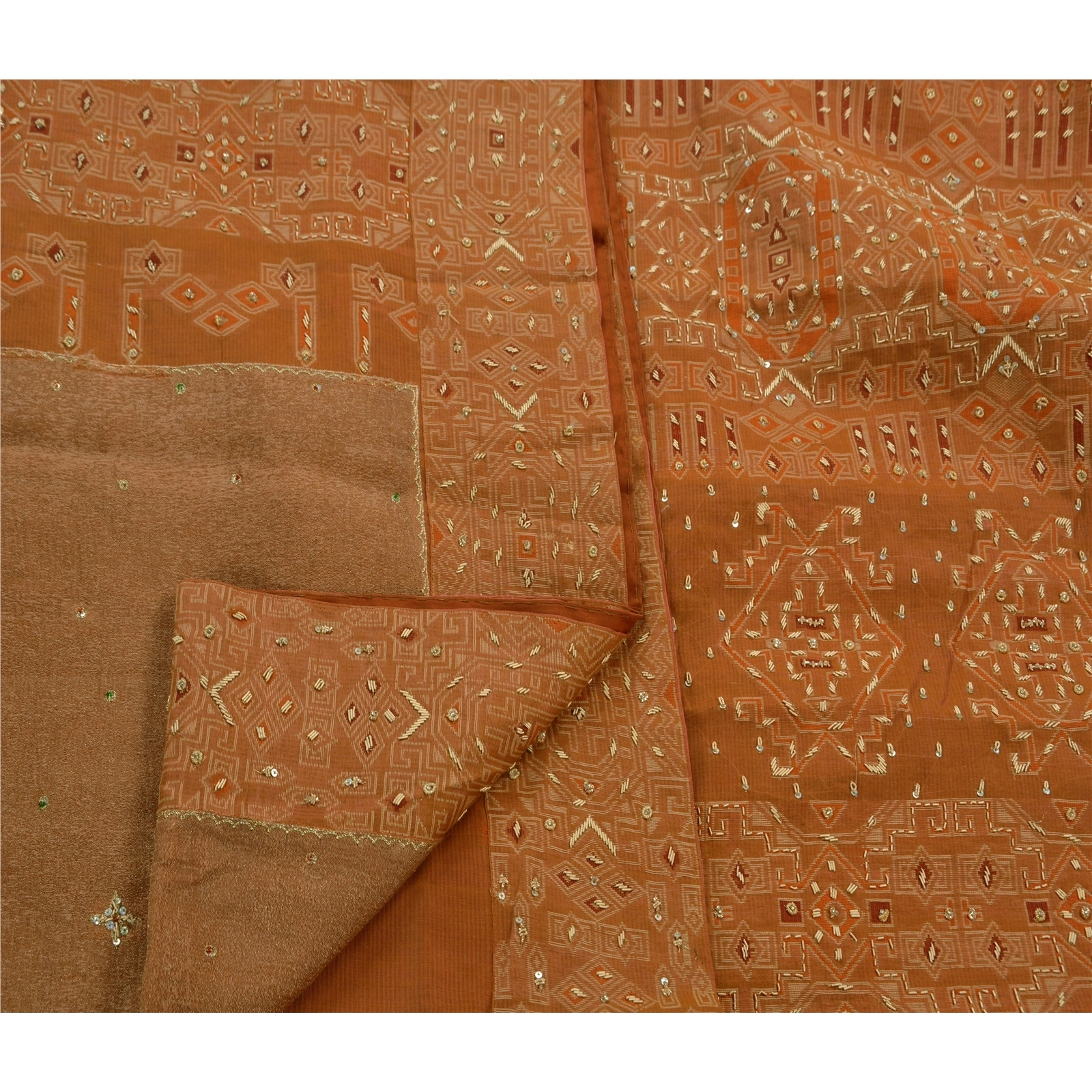 Sanskriti Vintage Sarees Organza Silk Hand Beaded Woven Fabric 5 Yd Premium Sari, PS-47265-Brown-Hand Beaded With Zardozi Work-Organza Silk-3