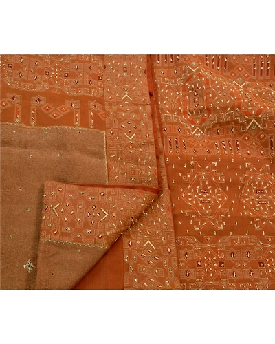 Sanskriti Vintage Sarees Organza Silk Hand Beaded Woven Fabric 5 Yd Premium Sari, PS-47265-Brown-Hand Beaded With Zardozi Work-Organza Silk-3