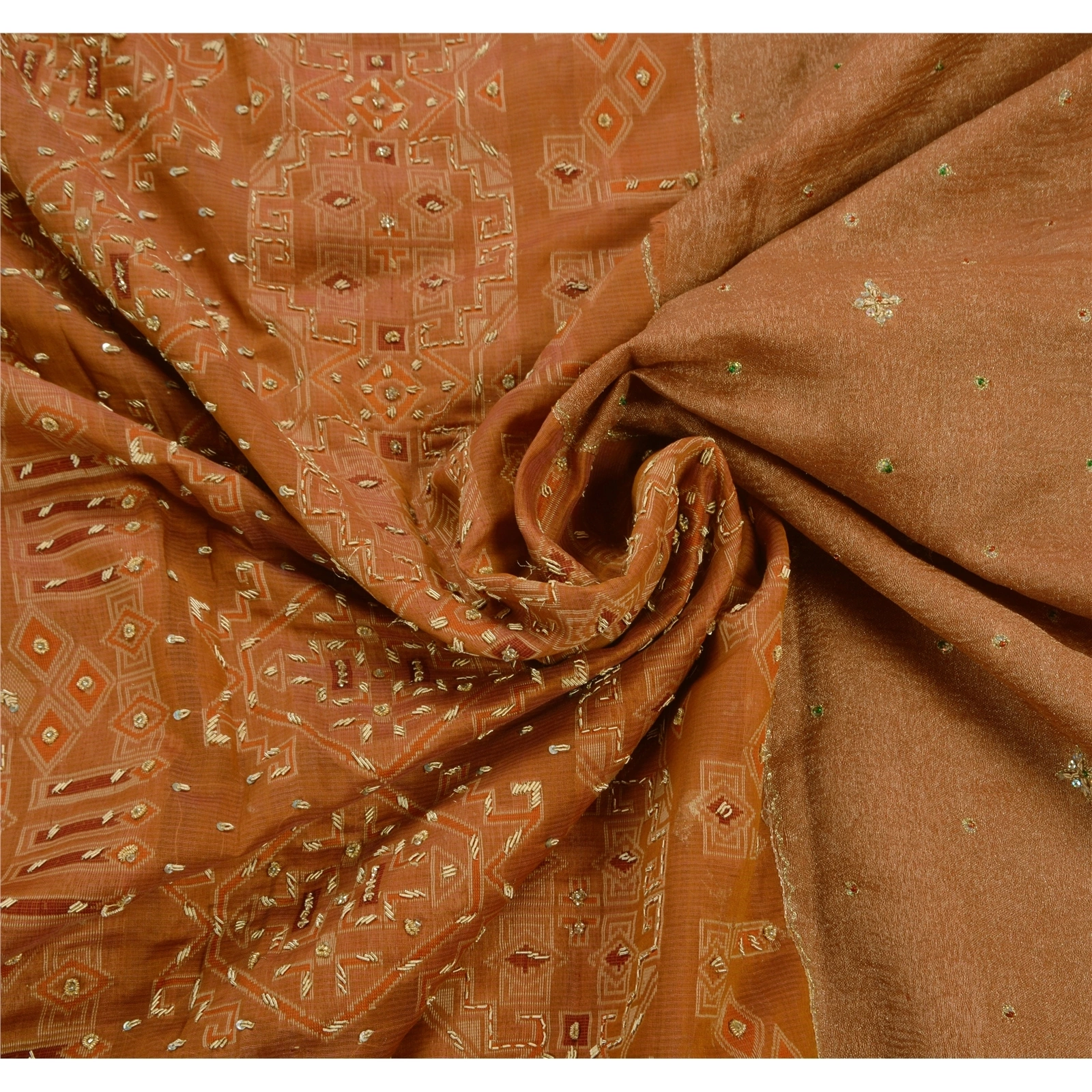 Sanskriti Vintage Sarees Organza Silk Hand Beaded Woven Fabric 5 Yd Premium Sari, PS-47265-Brown-Hand Beaded With Zardozi Work-Organza Silk-5