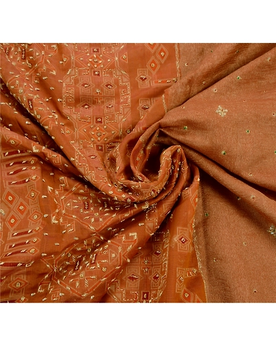 Sanskriti Vintage Sarees Organza Silk Hand Beaded Woven Fabric 5 Yd Premium Sari, PS-47265-Brown-Hand Beaded With Zardozi Work-Organza Silk-5