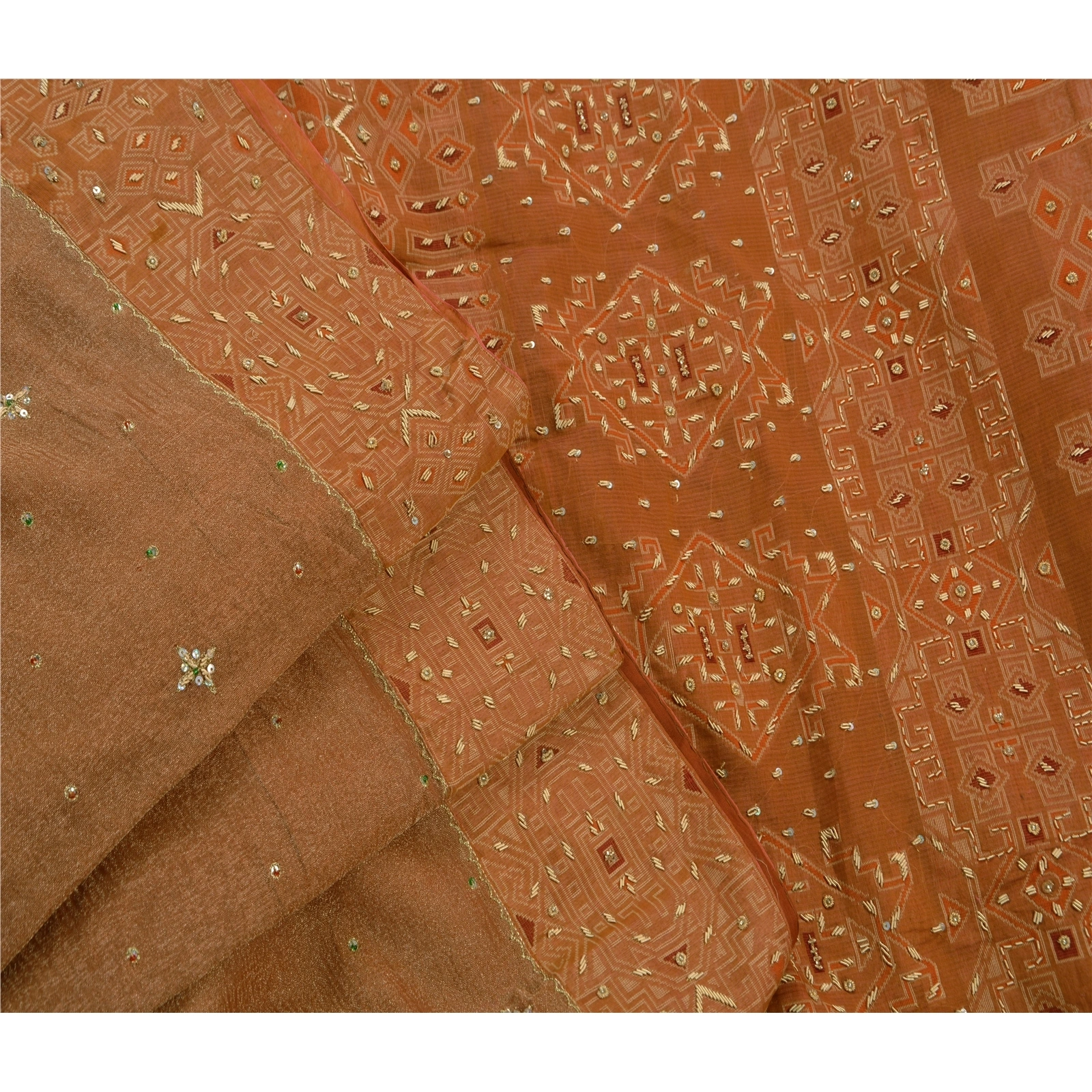 Sanskriti Vintage Sarees Organza Silk Hand Beaded Woven Fabric 5 Yd Premium Sari, PS-47265-Brown-Hand Beaded With Zardozi Work-Organza Silk-6