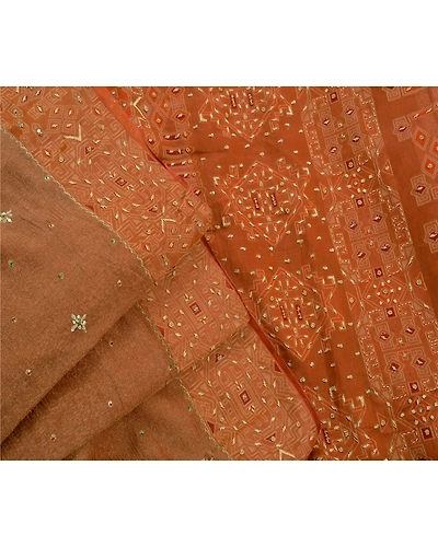 Sanskriti Vintage Sarees Organza Silk Hand Beaded Woven Fabric 5 Yd Premium Sari, PS-47265-Brown-Hand Beaded With Zardozi Work-Organza Silk-6