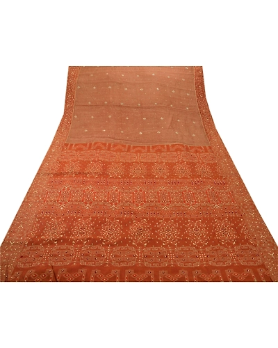 Sanskriti Vintage Sarees Organza Silk Hand Beaded Woven Fabric 5 Yd Premium Sari, PS-47265-Brown-Hand Beaded With Zardozi Work-Organza Silk-7