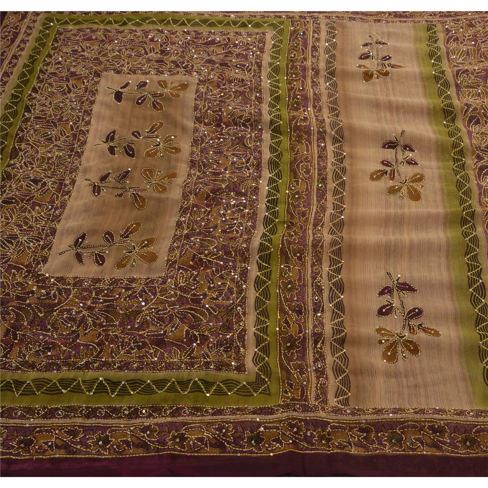 Vintage Indian Sarees Georgette Hand Embroidered Fabric Kantha Premium Sari, PS-47267-Brown-Hand Embroidered With Thread Work-Georgette-1