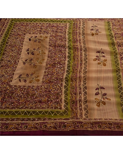 Vintage Indian Sarees Georgette Hand Embroidered Fabric Kantha Premium Sari, PS-47267-Brown-Hand Embroidered With Thread Work-Georgette-1