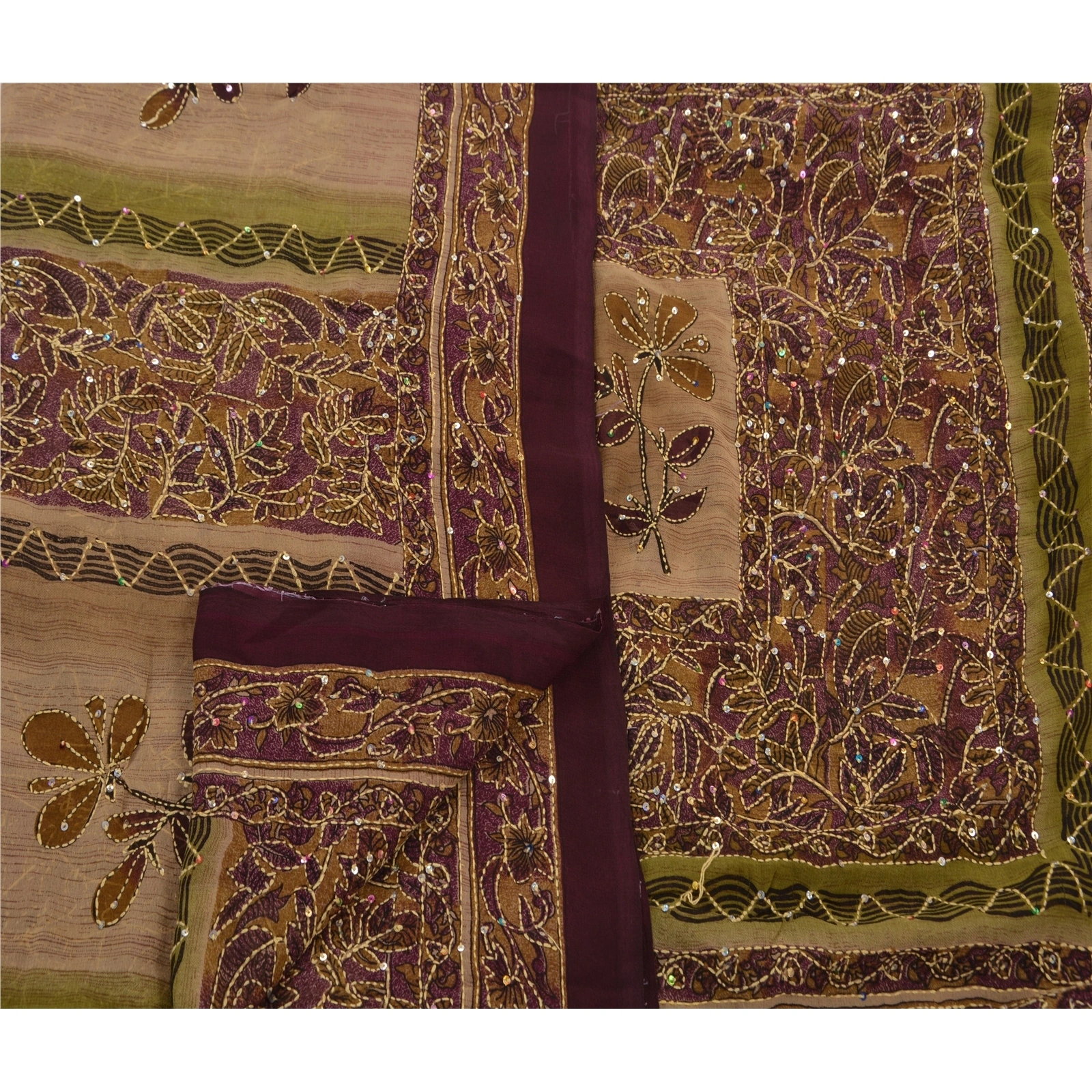 Vintage Indian Sarees Georgette Hand Embroidered Fabric Kantha Premium Sari, PS-47267-Brown-Hand Embroidered With Thread Work-Georgette-3