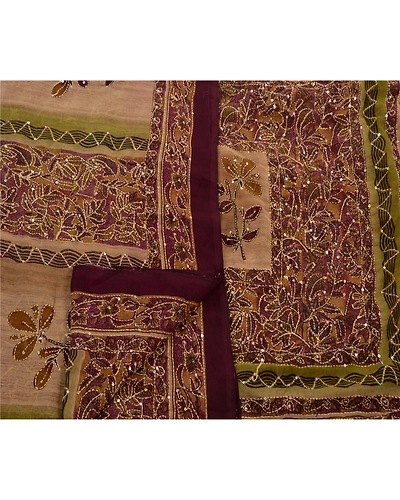 Vintage Indian Sarees Georgette Hand Embroidered Fabric Kantha Premium Sari, PS-47267-Brown-Hand Embroidered With Thread Work-Georgette-3