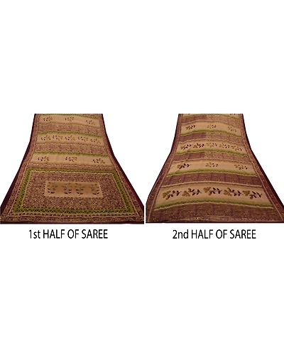 Vintage Indian Sarees Georgette Hand Embroidered Fabric Kantha Premium Sari, PS-47267-Brown-Hand Embroidered With Thread Work-Georgette-4