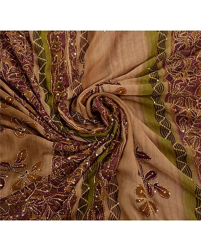 Vintage Indian Sarees Georgette Hand Embroidered Fabric Kantha Premium Sari, PS-47267-Brown-Hand Embroidered With Thread Work-Georgette-5