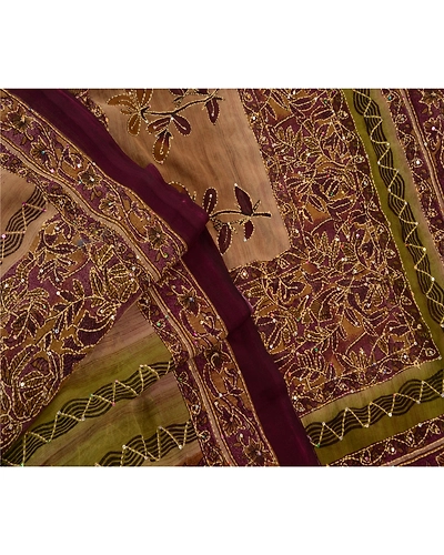 Vintage Indian Sarees Georgette Hand Embroidered Fabric Kantha Premium Sari, PS-47267-Brown-Hand Embroidered With Thread Work-Georgette-6