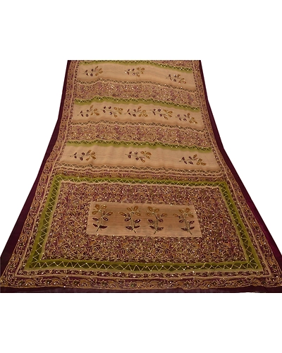 Vintage Indian Sarees Georgette Hand Embroidered Fabric Kantha Premium Sari, PS-47267-Brown-Hand Embroidered With Thread Work-Georgette-7