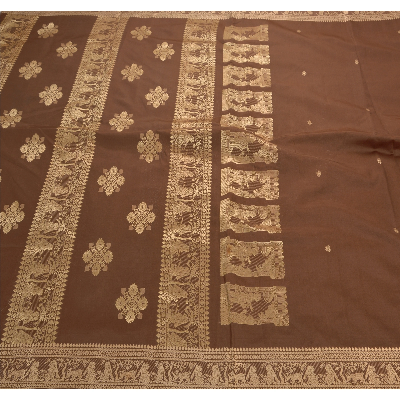 Vintage Indian Sarees Art Silk Woven Craft Fabric Premium Baluchari Sari, PS-47309-Brown-Woven Work-Art Silk-1