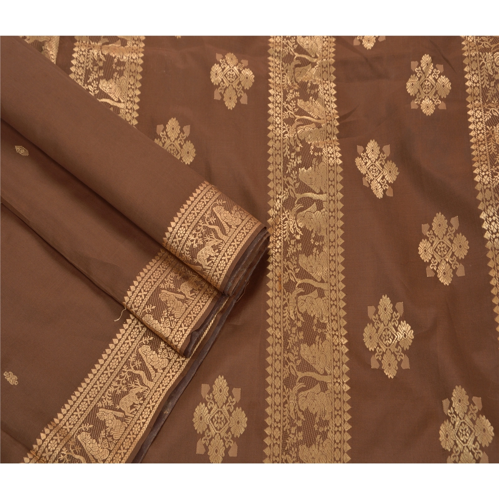 Vintage Indian Sarees Art Silk Woven Craft Fabric Premium Baluchari Sari, PS-47309-Brown-Woven Work-Art Silk-2