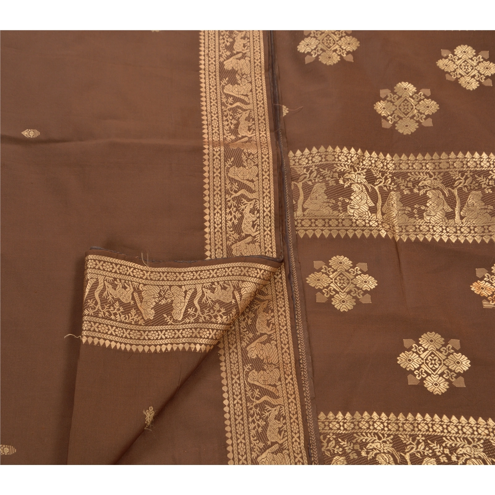 Vintage Indian Sarees Art Silk Woven Craft Fabric Premium Baluchari Sari, PS-47309-Brown-Woven Work-Art Silk-3