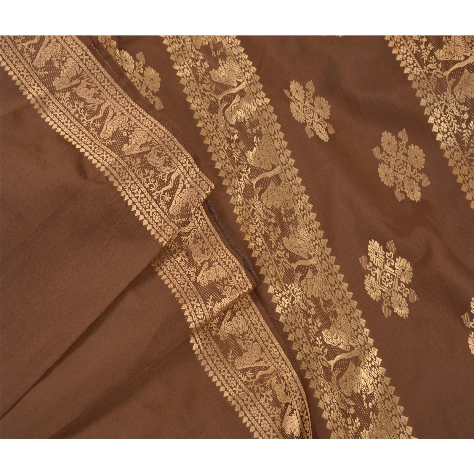 Vintage Indian Sarees Art Silk Woven Craft Fabric Premium Baluchari Sari, PS-47309-Brown-Woven Work-Art Silk-6