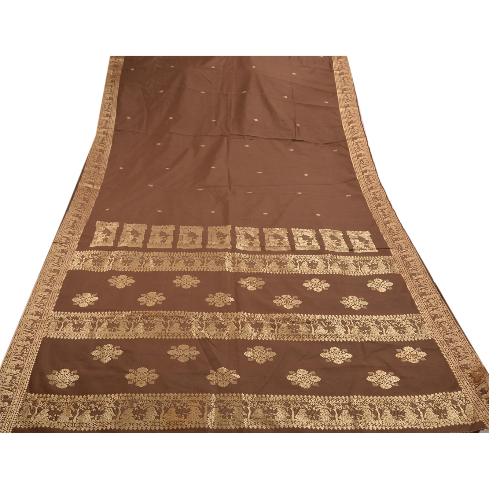 Vintage Indian Sarees Art Silk Woven Craft Fabric Premium Baluchari Sari, PS-47309-Brown-Woven Work-Art Silk-7