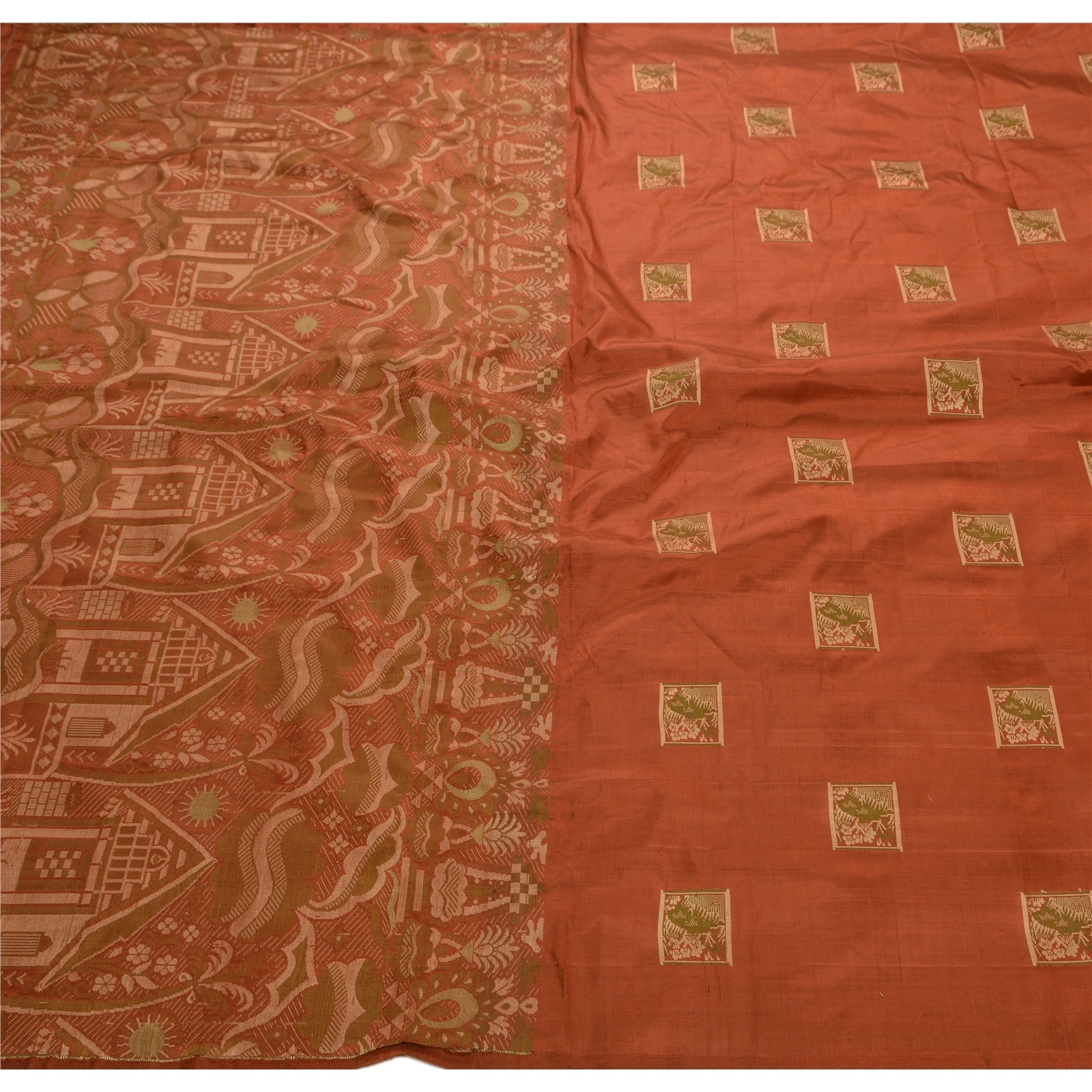 Sanskriti Vintage Indian Sarees 100% Pure Silk Woven Orange Craft Fabric Sari, PS-47312-Orange-Woven Work-100% Pure Silk-1