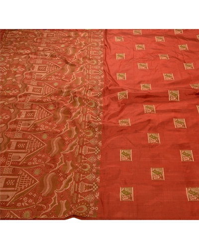 Sanskriti Vintage Indian Sarees 100% Pure Silk Woven Orange Craft Fabric Sari, PS-47312-Orange-Woven Work-100% Pure Silk-1