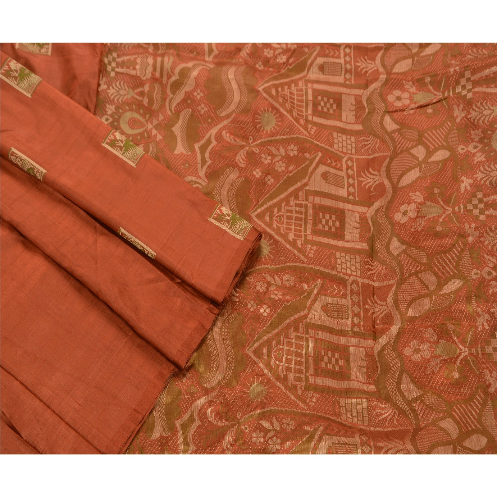 Sanskriti Vintage Indian Sarees 100% Pure Silk Woven Orange Craft Fabric Sari, PS-47312-Orange-Woven Work-100% Pure Silk-2