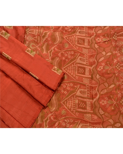 Sanskriti Vintage Indian Sarees 100% Pure Silk Woven Orange Craft Fabric Sari, PS-47312-Orange-Woven Work-100% Pure Silk-2