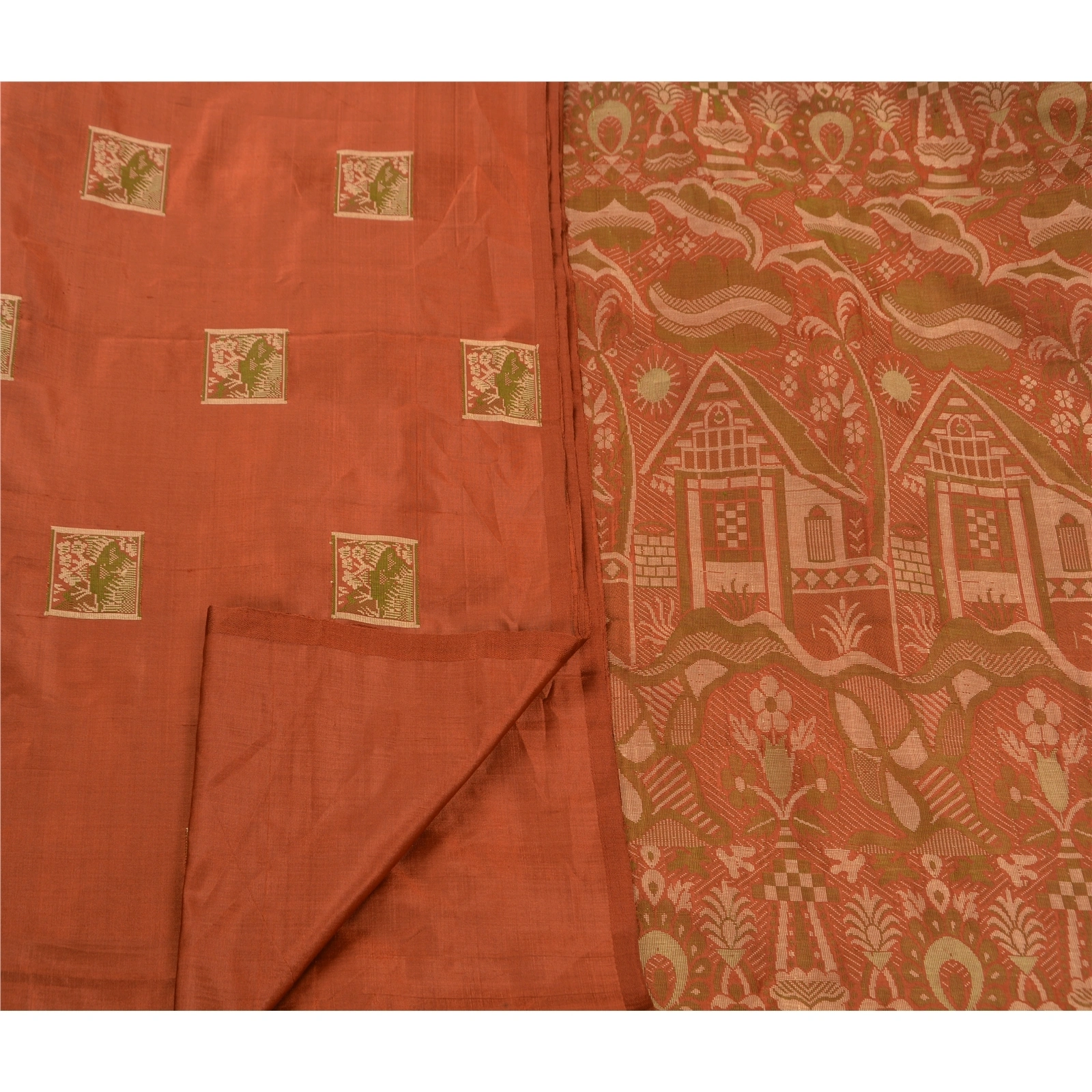 Sanskriti Vintage Indian Sarees 100% Pure Silk Woven Orange Craft Fabric Sari, PS-47312-Orange-Woven Work-100% Pure Silk-3