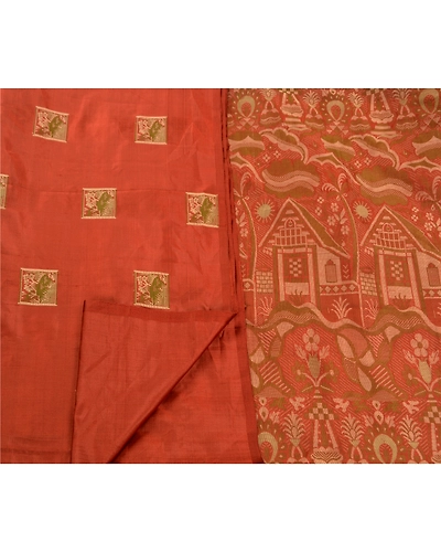 Sanskriti Vintage Indian Sarees 100% Pure Silk Woven Orange Craft Fabric Sari, PS-47312-Orange-Woven Work-100% Pure Silk-3