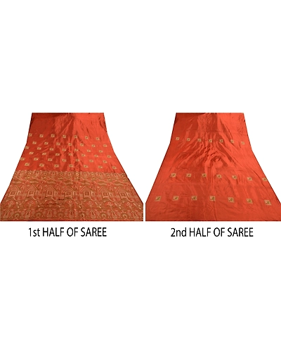 Sanskriti Vintage Indian Sarees 100% Pure Silk Woven Orange Craft Fabric Sari, PS-47312-Orange-Woven Work-100% Pure Silk-4