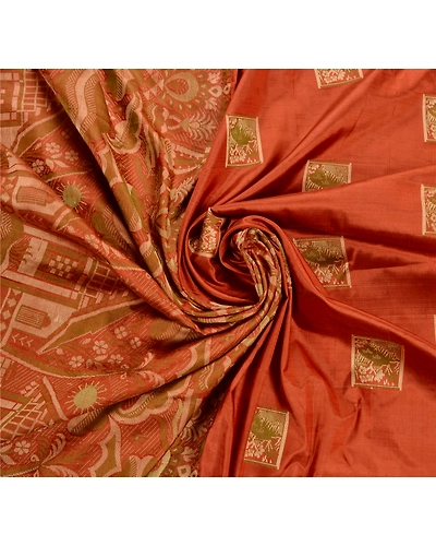 Sanskriti Vintage Indian Sarees 100% Pure Silk Woven Orange Craft Fabric Sari, PS-47312-Orange-Woven Work-100% Pure Silk-5