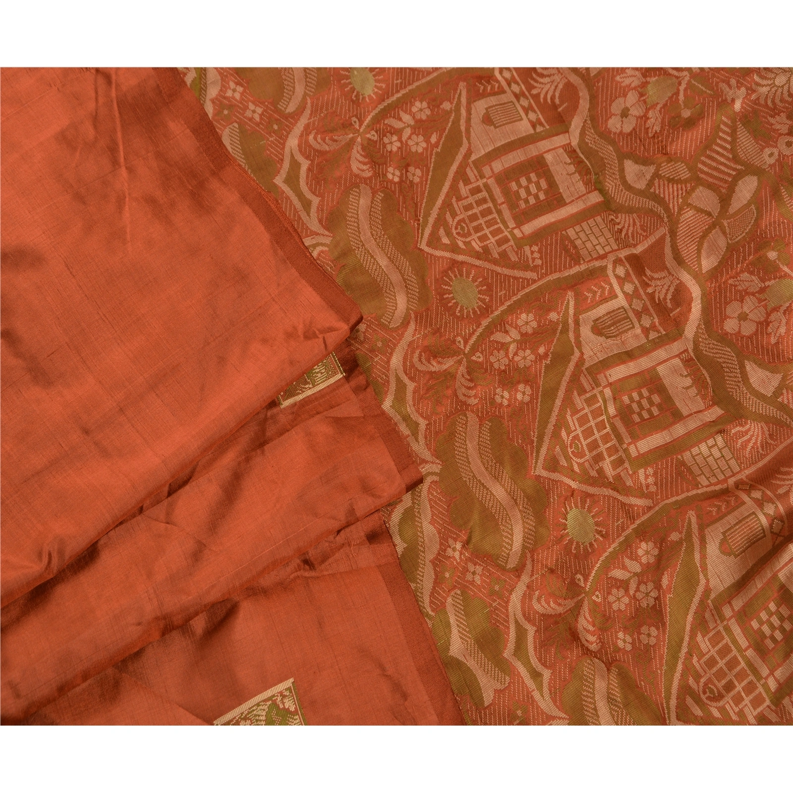 Sanskriti Vintage Indian Sarees 100% Pure Silk Woven Orange Craft Fabric Sari, PS-47312-Orange-Woven Work-100% Pure Silk-6