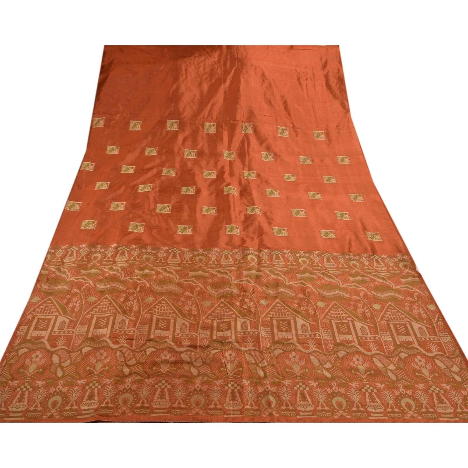 Sanskriti Vintage Indian Sarees 100% Pure Silk Woven Orange Craft Fabric Sari, PS-47312-Orange-Woven Work-100% Pure Silk-7