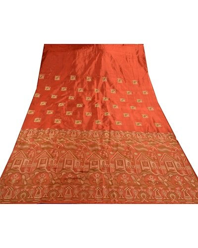 Sanskriti Vintage Indian Sarees 100% Pure Silk Woven Orange Craft Fabric Sari, PS-47312-Orange-Woven Work-100% Pure Silk-7