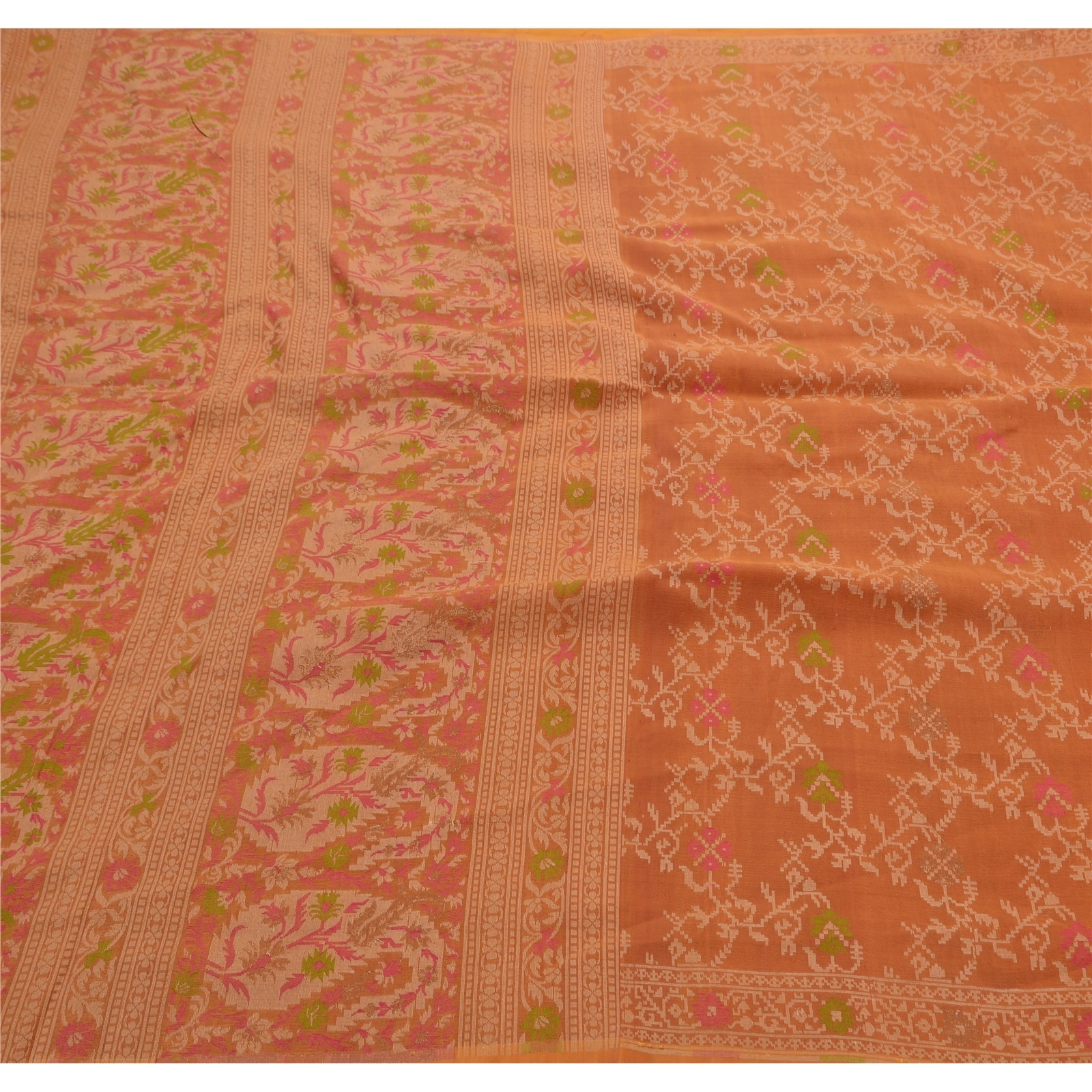 Sanskriti Vintage Indian Sarees 100% Pure Silk Woven Craft Fabric Premium Sari, PS-47372-Orange-Woven Work-Pure Silk-1