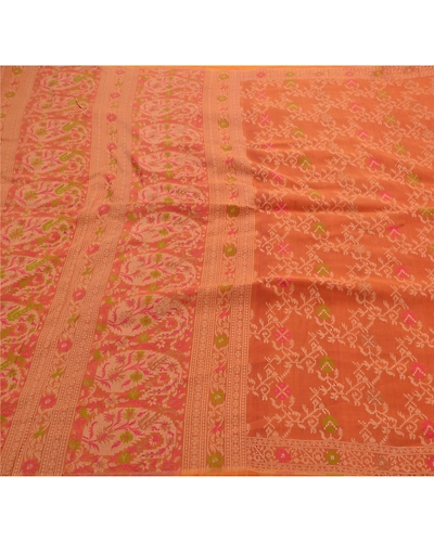 Sanskriti Vintage Indian Sarees 100% Pure Silk Woven Craft Fabric Premium Sari, PS-47372-Orange-Woven Work-Pure Silk-1