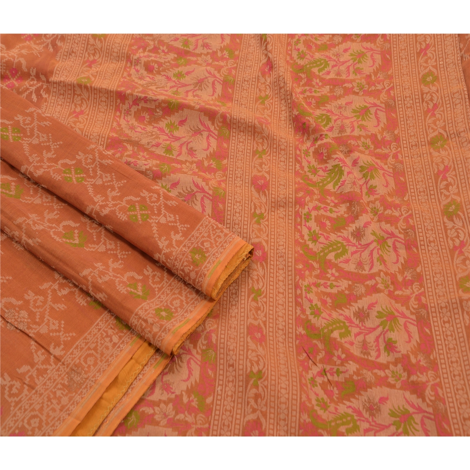 Sanskriti Vintage Indian Sarees 100% Pure Silk Woven Craft Fabric Premium Sari, PS-47372-Orange-Woven Work-Pure Silk-2