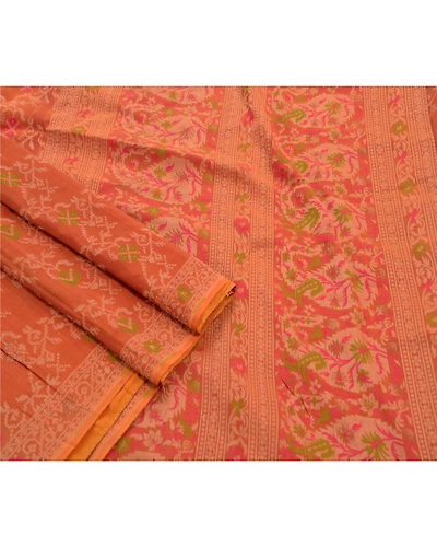 Sanskriti Vintage Indian Sarees 100% Pure Silk Woven Craft Fabric Premium Sari, PS-47372-Orange-Woven Work-Pure Silk-2