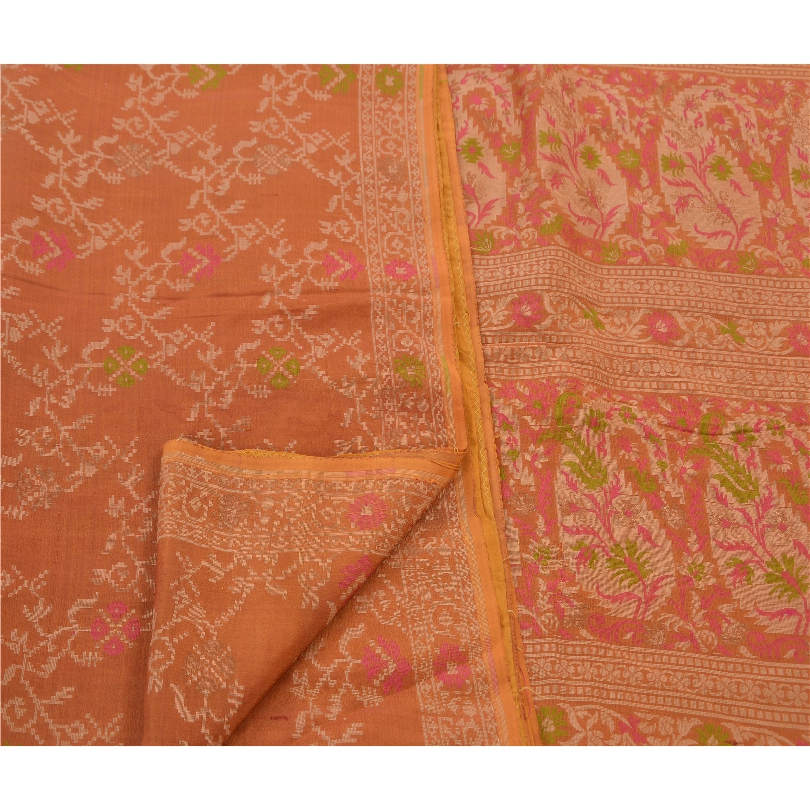 Sanskriti Vintage Indian Sarees 100% Pure Silk Woven Craft Fabric Premium Sari, PS-47372-Orange-Woven Work-Pure Silk-3